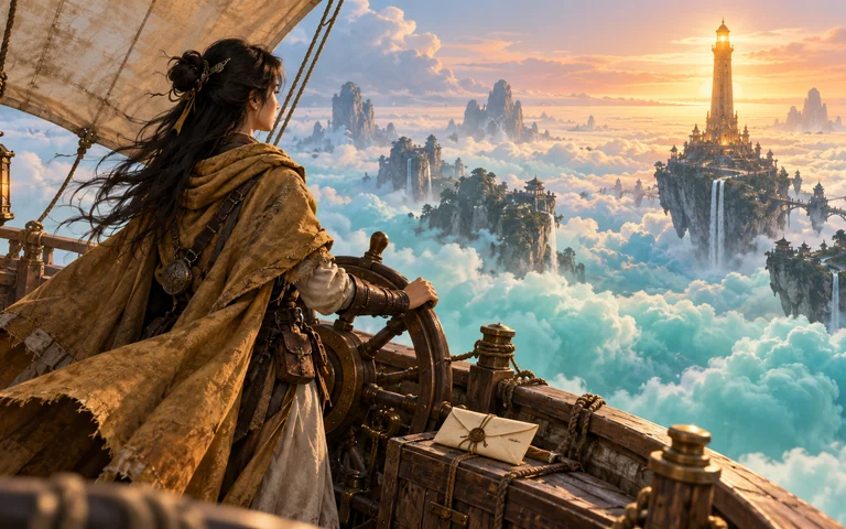 云海信使原创奇幻短剧中成年信使乘小型飞舟驶向云中灯塔的概念画面