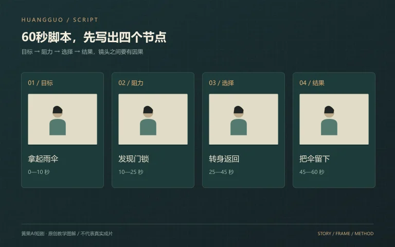 AI短剧脚本教程的目标、阻力、选择与结果四格分镜图解