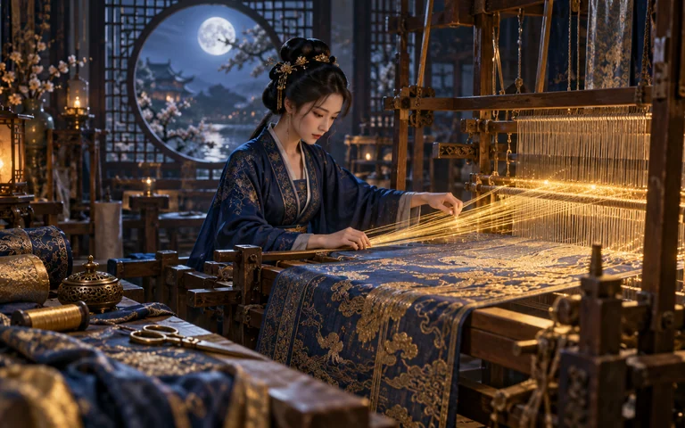 月下织造局古装奇幻原创策划中成年织造师在月光织机前查看发光丝线的概念画面